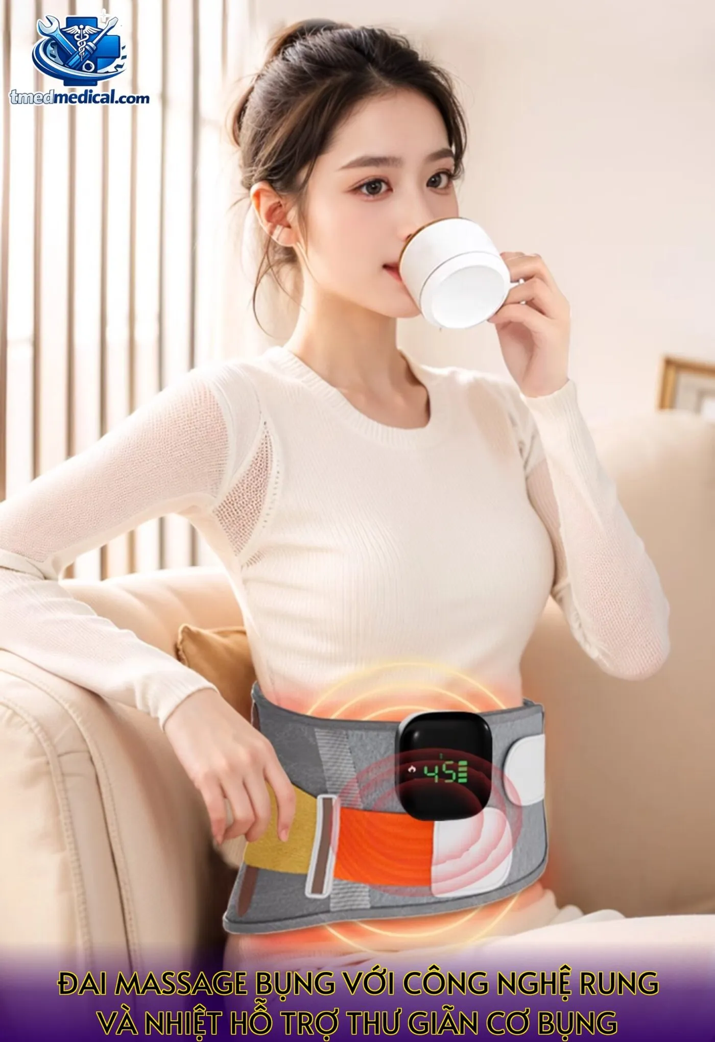 Đai massage bụng với công nghệ rung và nhiệt hỗ trợ thư giãn cơ bụng